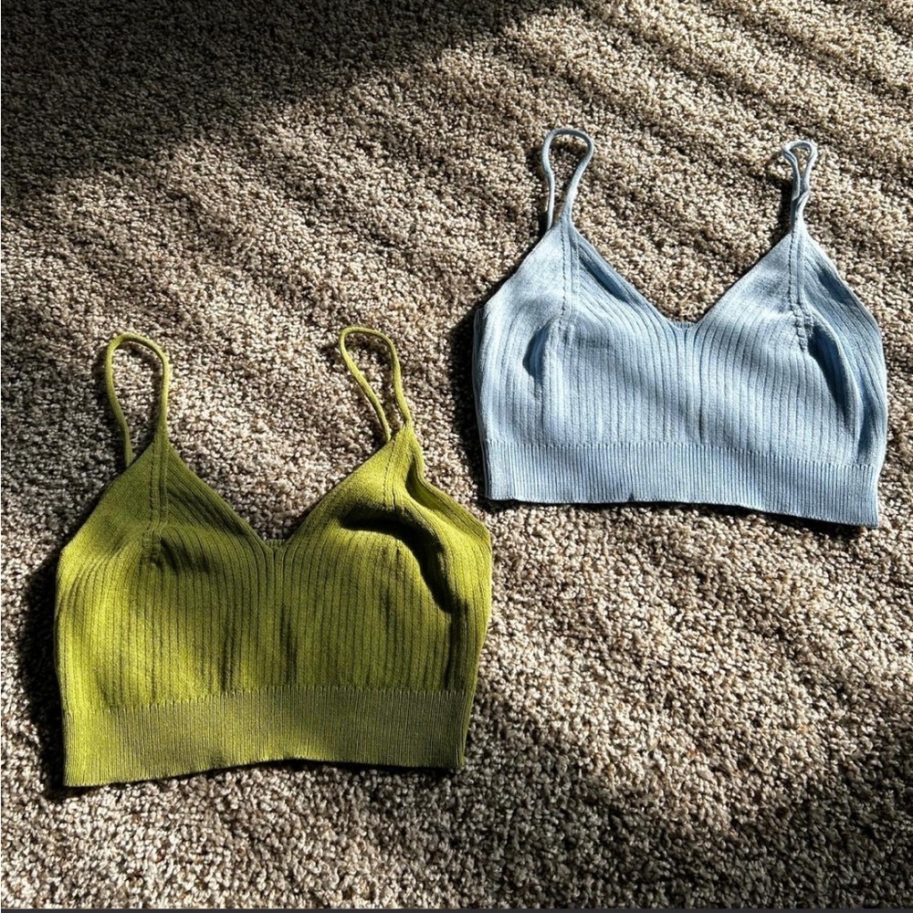 Set of Two Ribbed Knit Bralettes in Green and Blue
No tag but fits like a small